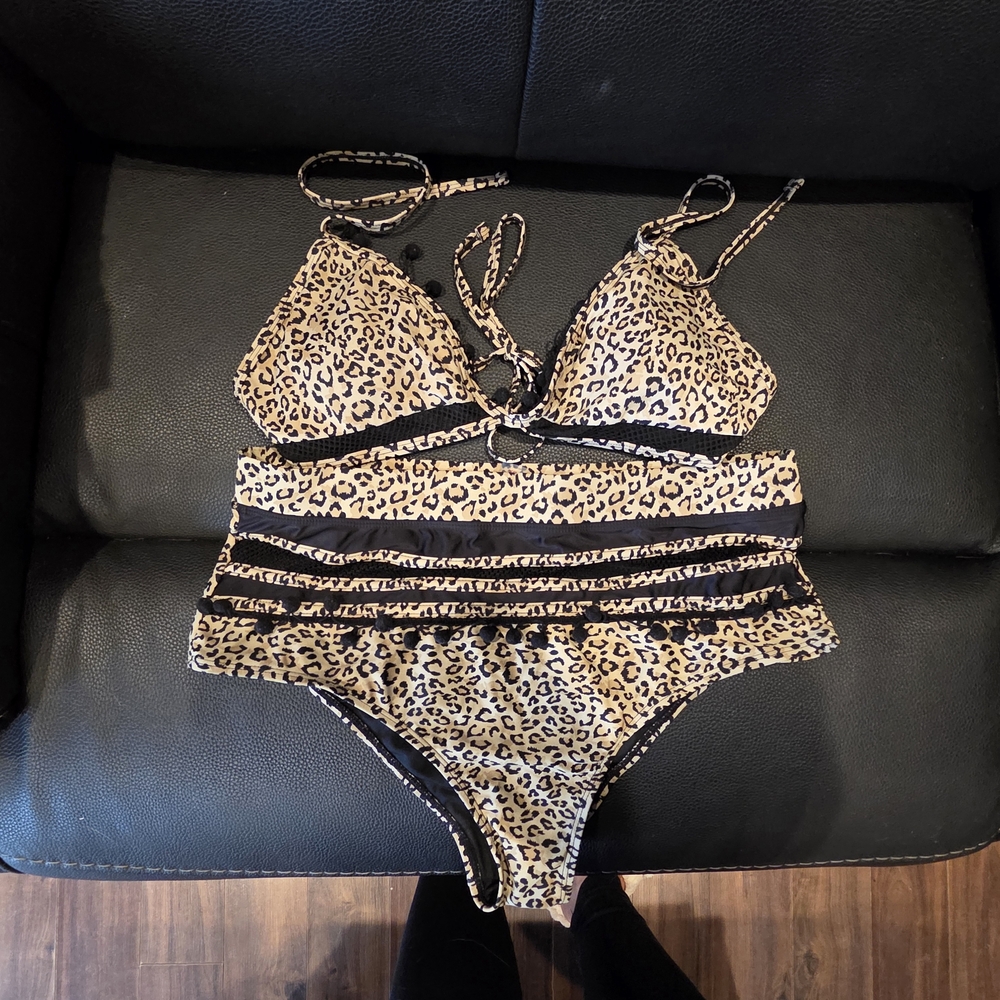 Leopard Print High-Waist Bikini Set - Tan and Black